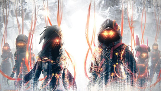 Stylized Scarlet Nexus artwork showing masked figures with glowing orange eyes standing in a futuristic city, surrounded by red energy tendrils and a bright white light in the background.