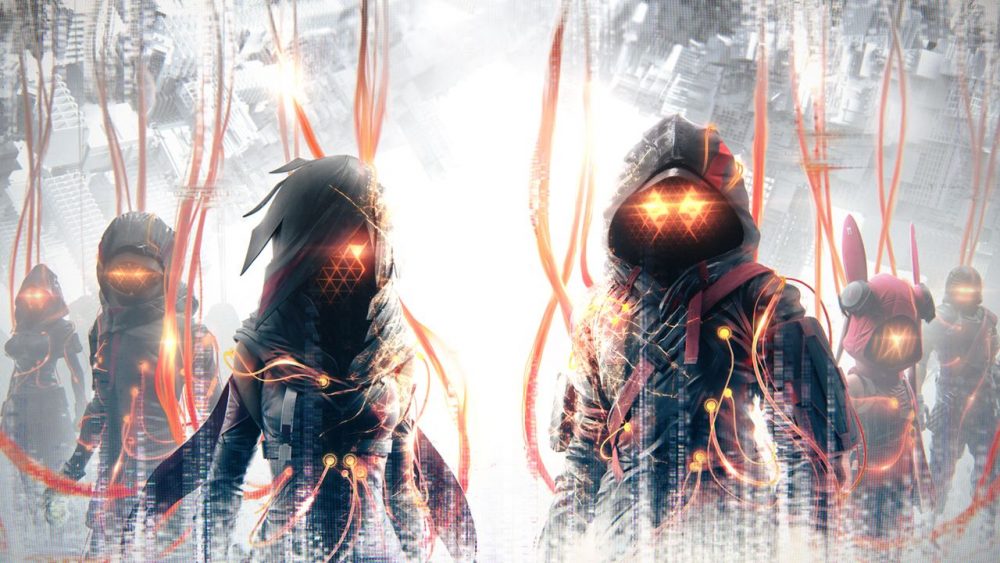 Stylized Scarlet Nexus artwork showing masked figures with glowing orange eyes standing in a futuristic city, surrounded by red energy tendrils and a bright white light in the background.