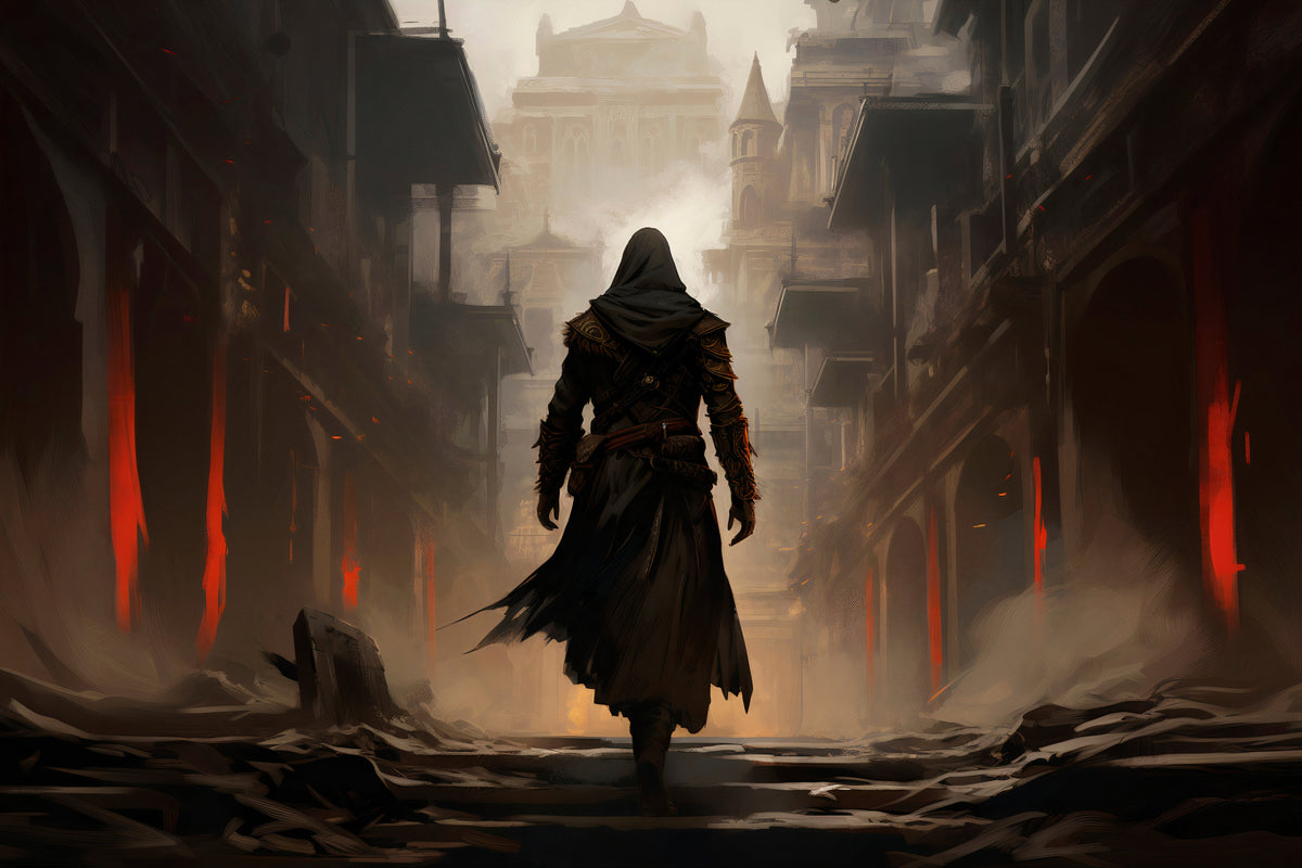 A hooded figure in dark, ornate armor walks alone through a ruined, ash-filled city street lined with crumbling buildings glowing with red light, approaching a distant, towering fortress bathed in mist.