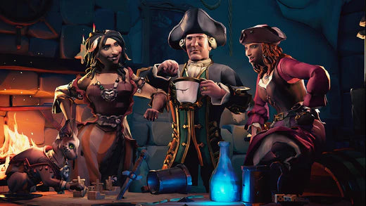 Three pirates standing by a fire in the game sea of thieves 