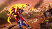 A character carries a giant banana while running through a chaotic, explosive battlefield.