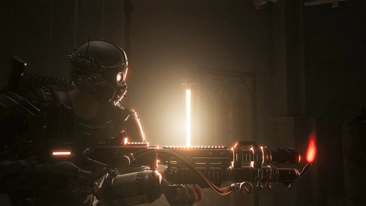 A futuristic armored character wearing a high-tech helmet with glowing eye lenses holds a sci-fi flamethrower-style weapon, illuminated by warm orange lighting in a dark industrial setting.