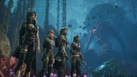 Four fantasy adventurers stand together in a glowing underwater environment, facing a massive sea creature in the distance amid towering aquatic plants and mysterious blue light.
