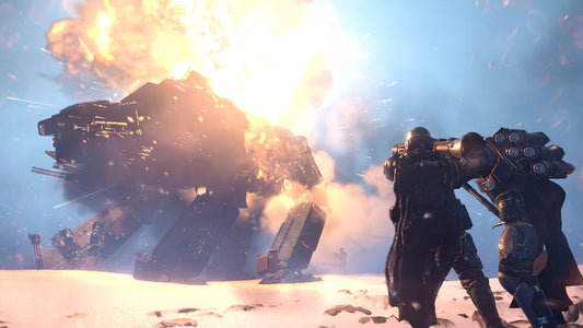 Two armored sci-fi soldiers advance across a snowy landscape as a massive mech erupts in flames and explodes in front of them.