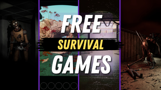 Thumbnail collage featuring characters and environments from various free survival games, with bold text that reads “Free Survival Games.”