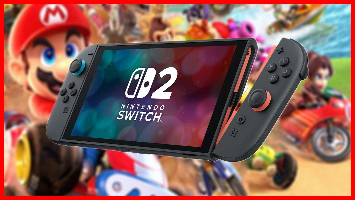 Nintendo Switch 2 concept featuring a handheld console with redesigned Joy-Con controllers, displayed against a blurred Mario Kart-themed background with Mario visible.
