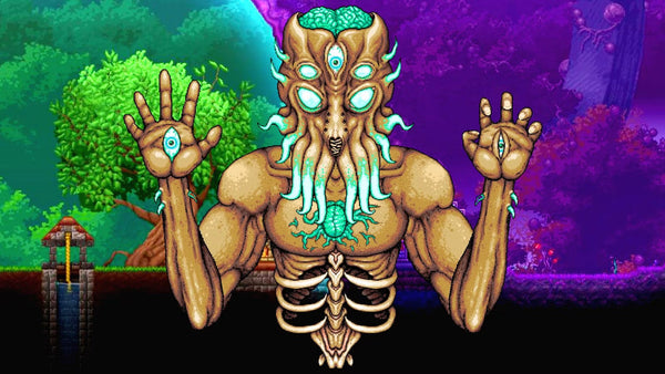 Pixel-art cosmic creature with multiple glowing eyes, tentacles, and raised hands in a split-color fantasy world.