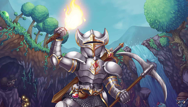 Armored knight holding a torch and scythe in a colorful fantasy landscape.