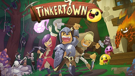 TinkerTown artwork showing three heroes battling monsters in a fantasy setting with the game logo above.