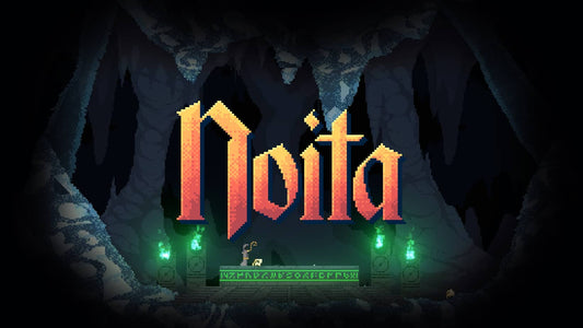 Pixel art title screen of the indie game Noita, showing a wizard standing before a glowing altar inside a dark cave with green magical lights and gothic lettering.