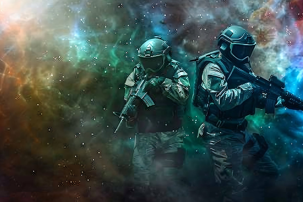 Two futuristic soldiers in tactical armor advancing through a smoky, neon-lit battlefield with rifles ready.