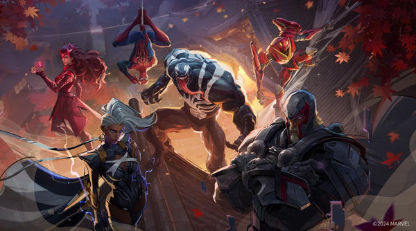 Stylized Marvel characters, including Spider-Man and Venom, posed in a dynamic action scene with autumn leaves.