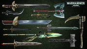 A display of Warhammer 40,000 melee weapons, including power swords, axes, scythes, and hammers, shown with ornate faction designs on a dark background.
