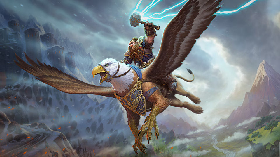 Fantasy artwork of a dwarf warrior riding a flying griffin through stormy mountains, raising a lightning-charged hammer as wind and clouds swirl around them.