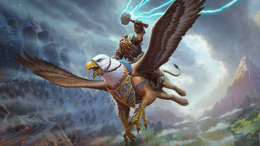 Fantasy artwork of a dwarf warrior riding a flying griffin through stormy mountains, raising a lightning-charged hammer as wind and clouds swirl around them.
