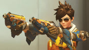 A stylized video game character with short spiky brown hair wearing orange and blue futuristic gear, aiming two compact sci-fi pistols while wearing tinted aviator sunglasses.