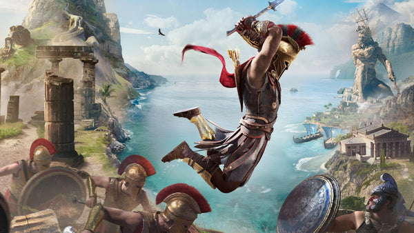An armored Greek warrior leaps into battle above a coastal city, with ships, cliffs, and a towering statue in the background.