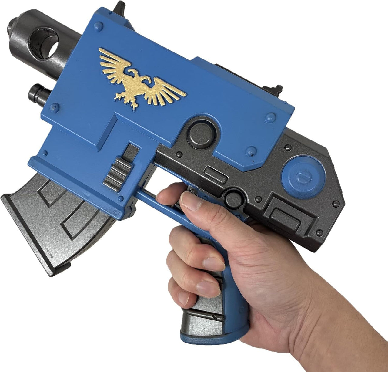 someone holding a blue Bolt Pistol Replica