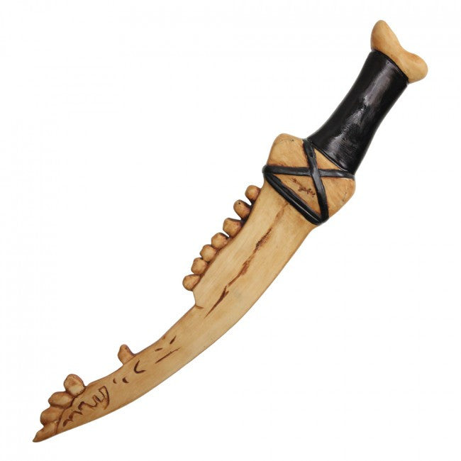 The First Blade replica with carved jawbone blade and black wrapped handle